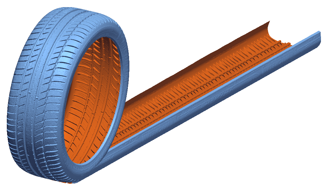 展开一个轮胎的三维扫描的模具建模在Geomagic设计x图像通过三维系统。