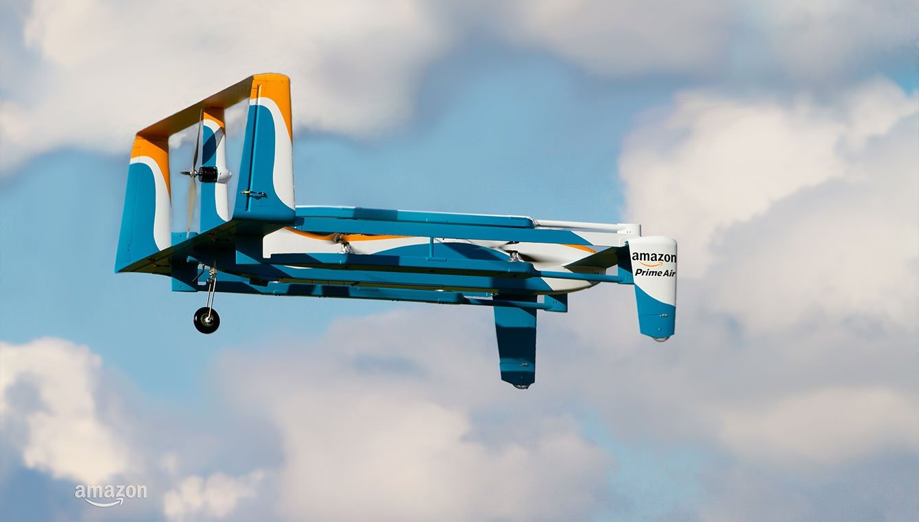 Amazon's blue, yellow and white delivery done in flight. Photo via Amazon.