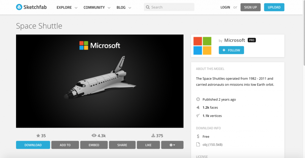 Microsoft的航天飞机.OBJ。屏幕截图通过：sketchfab
