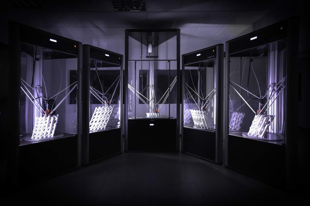 DeltaWASP farm of large-scale 3D printers, making the Trabeculae Pavilion
