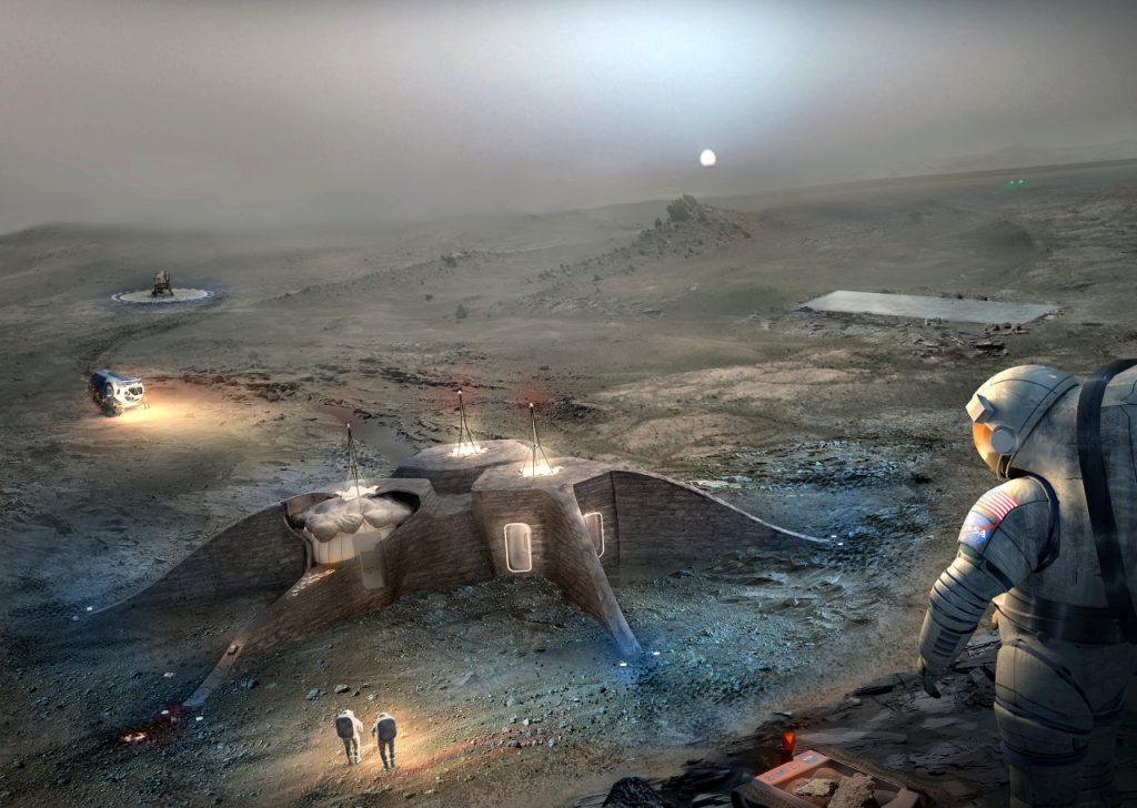 Foster + Partners 2在Centennial Challenge 1阶段在火星上的3D印刷栖息地获奖。图片通过“ Team Gamma” Foster + Partners/Astrobotic的图像