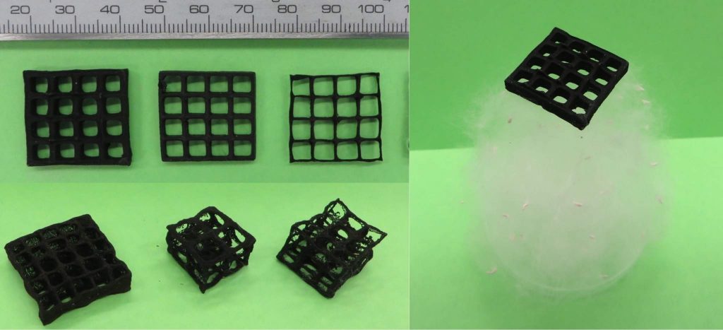 不同密度的石墨烯气凝胶的3D打印晶格。右图：位于柳絮顶部的材料密度证明。堪萨斯州立大学多尺度先进制造实验室拍摄。