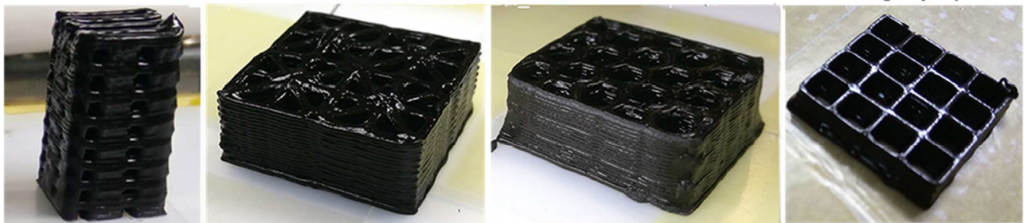由氧化石墨烯/地质聚合物墨水制成的3D打印测试结构。图片来源：哈尔滨工业大学钟、周、何、杨和贾。