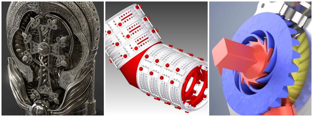 2017年Stratasys Extreme重新设计3D打印挑战赛的获奖作品集。右至左：Sergey Kuznetsov的亚美尼亚十字石，由Thomas Salverson铸造的手臂和Connor Meehan的双向棘轮。通过grabcad上的设计师照片
