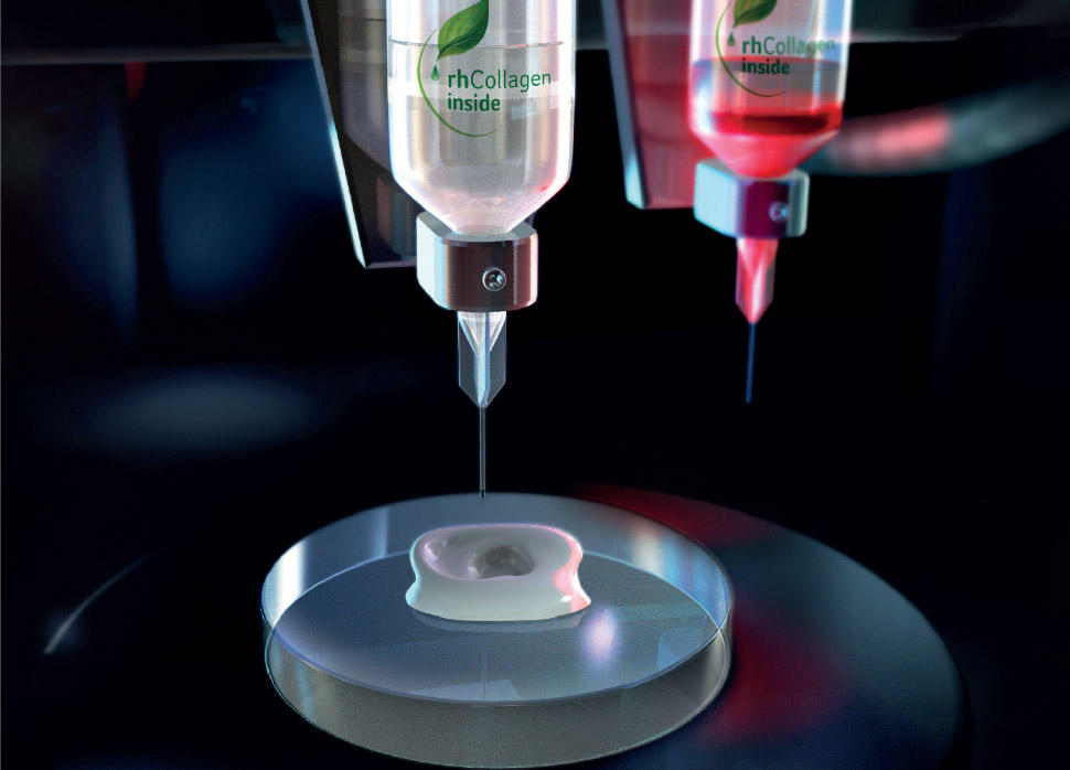 Graphic demonstration of 3D bioprinting with rhCollagen bio-ink. Image via CollPlant.
