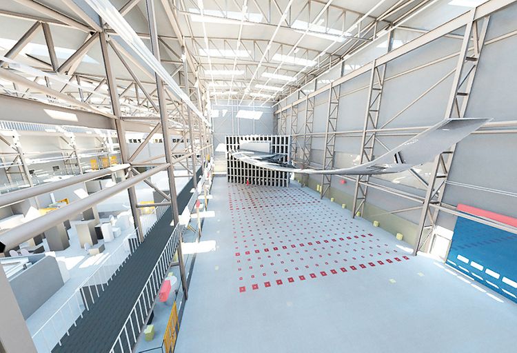 Artist impression of a future strong wall and floor test area for wings in an Airbus Wing Integration Centre . Image via Airbus