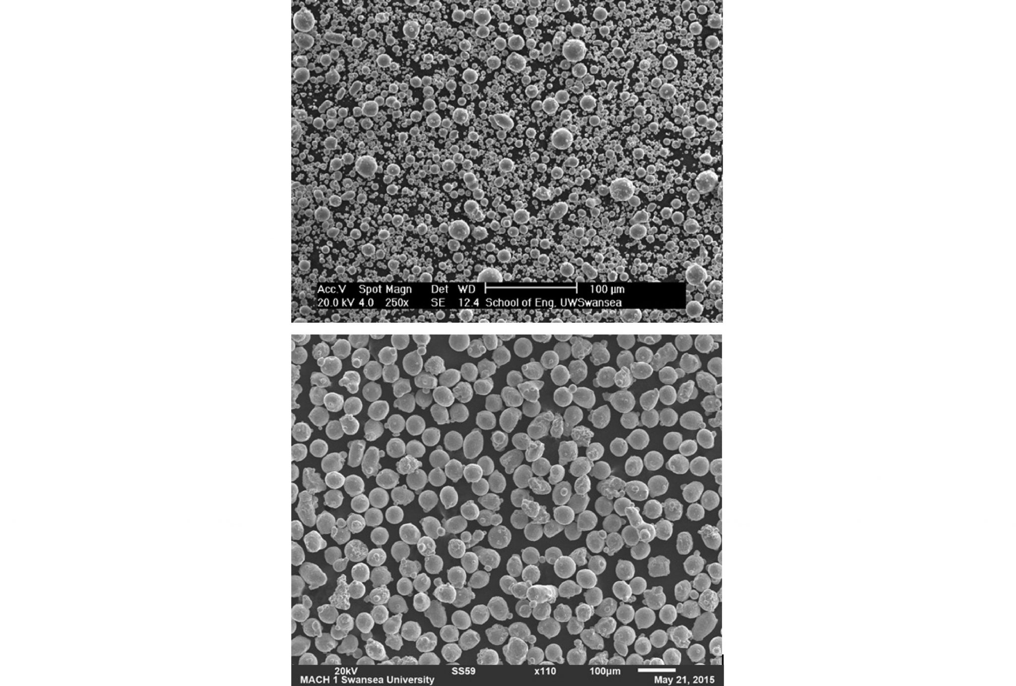 山特维克鱼鹰气体雾化金属粉末的SEM图像。顶部-MIM用不锈钢粉末。底部精炼、更均匀的不锈钢，用于添加剂制造。通过Sandvik Osprey拍摄的图像雷电竞充值