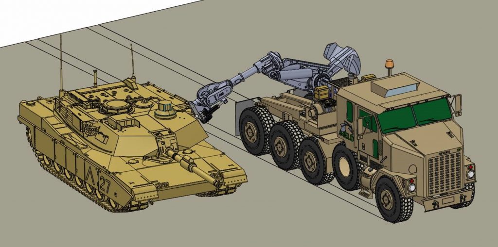 Concept drawing of MELD additive manufacturing repair at a forward operating base. Image via MELD Manufacturing