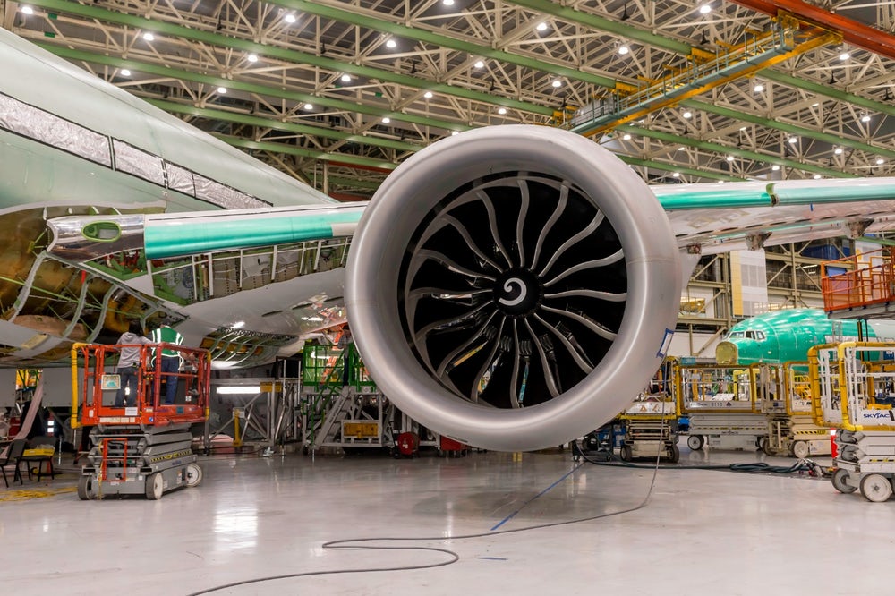 The Boeing 777X jet and GE9x engine. Photo via Boeing