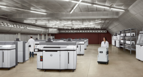 The HP Jet Fusion 5200 3D printing solution with powder handling units. Image via HP