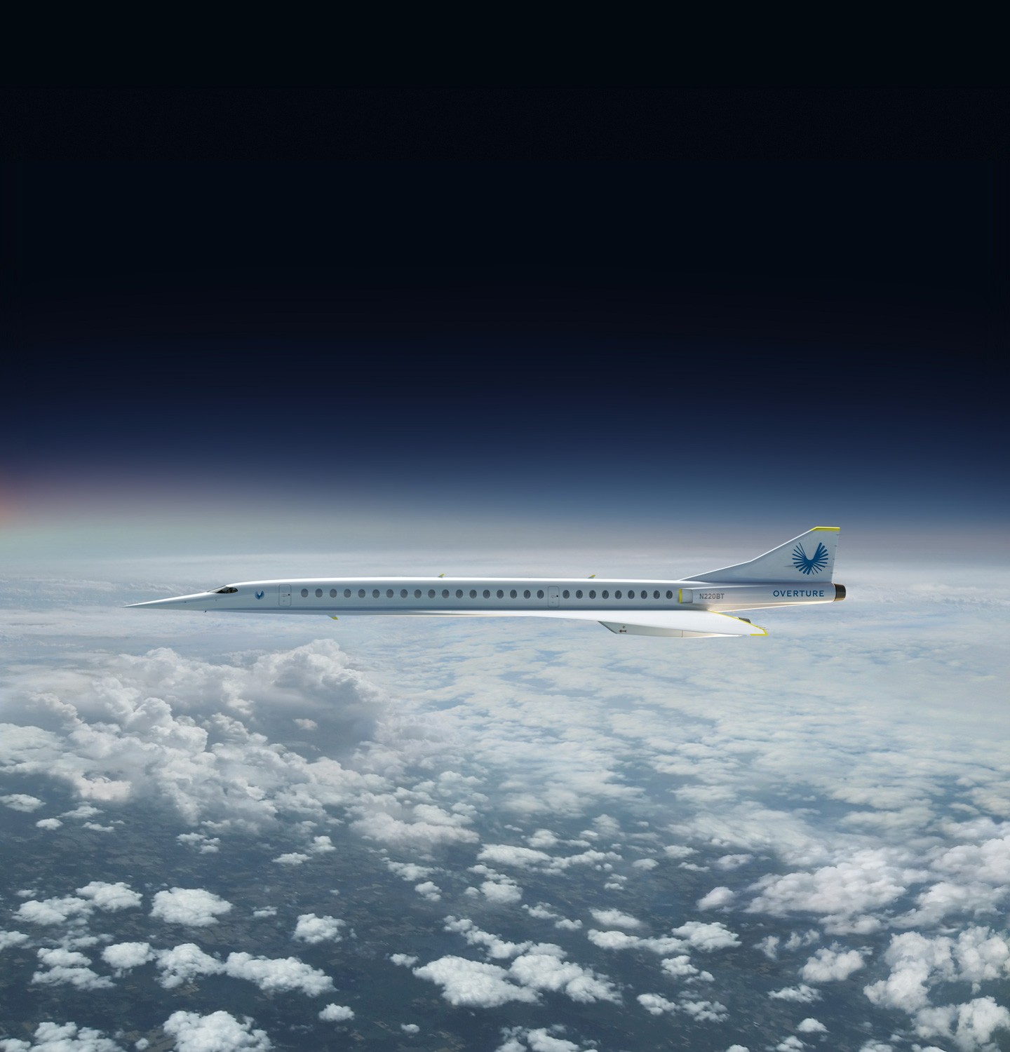 Boom Supersonic的序曲超音速飞机的渲染。通过繁荣的超音速图像。