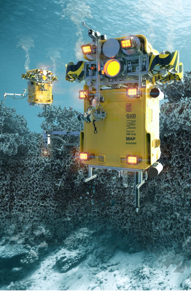 Digital rendering of the underwater 3D printing ROVs. Image via 3XN.