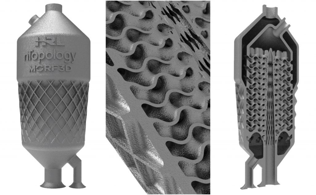 详细介绍了nTopology设计的拓扑陀螺换热器，Morf3D 3D打印，HRL高强度7A77铝制造。图像通过nTopology