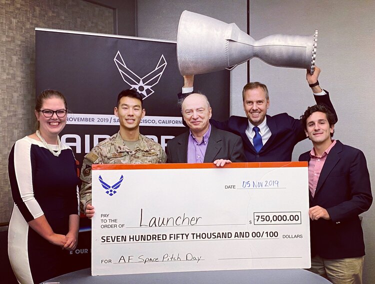 Launcher's $1.5M award at the U.S. Air Force Space Pitch Day. (Note: The photo was captured before the award upgrade opportunity to $1.5M). Photo via Launcher.