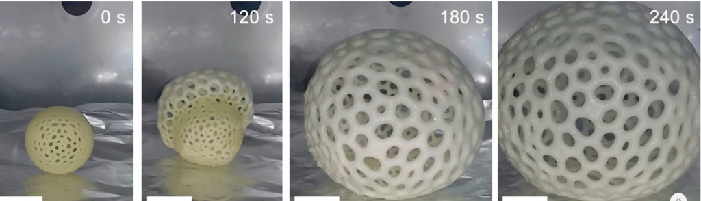 3D打印树脂球正在膨胀。照片来自加州大学圣地亚哥分校。