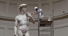 The 17 ft. tall David being restored in the Museo Dell'Accademia, Florence. Photo via ANSA.