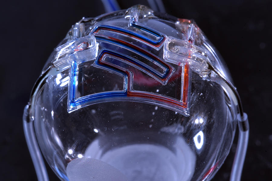 特色图像显示了研究人员的3D印刷微流体设备之一。通过学院的照片。 