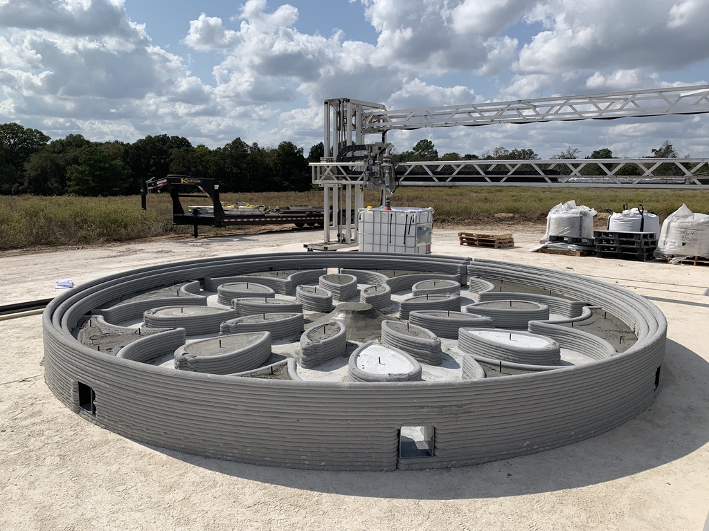 The 3D printed subscale prototype of the Lunar PAD ready for hot fire testing at Camp Swift. Photo via ICON.