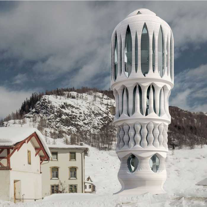 Render of the exterior view of the 3D printed White Tower in Mulegns. Image via Hansmeyer/Dillenburger.