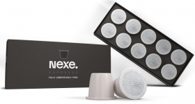 可分解的Nexe Pod与Nespresso咖啡机兼容。图片来自Nexe Innovations。