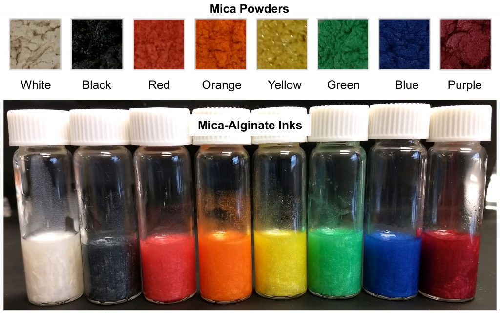 Eight different mica powder colorants were added to the alginate-based bioinks, which would otherwise be colorless. Photo via Pacific Northwest National Laboratory.