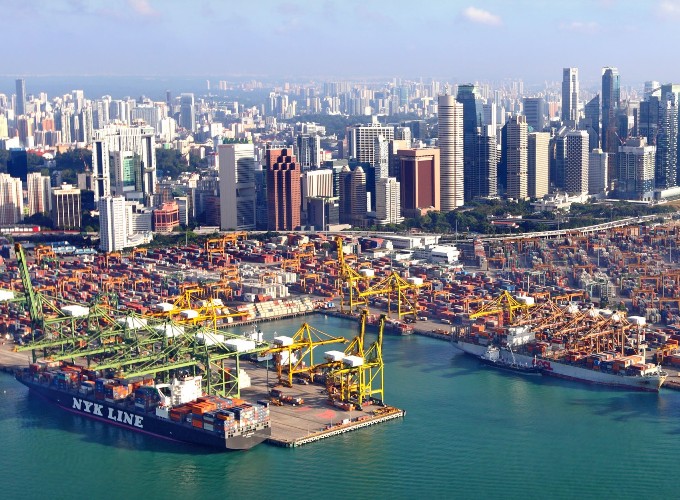 An aerial view of a Singapore shipping yard.