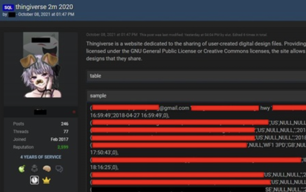 Thingiverse的样本数据集在一个流行的黑客论坛上被泄露了。