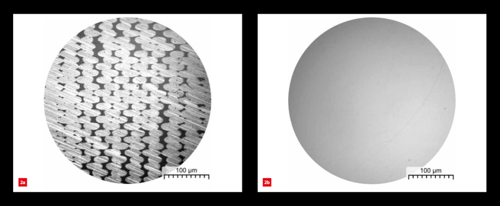使用常规FFF（左）与债券3D技术（右）打印的零件3D的微观结构。通过键3D图像。