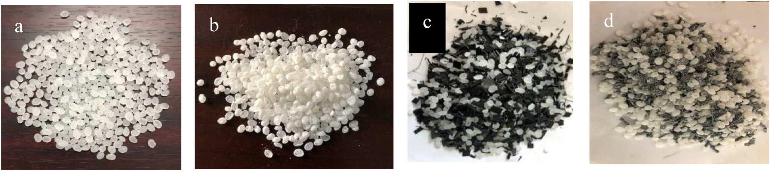 颗粒的混合物：PLA和HDPE，b。PLA，HDPE和TIO2，c。再生塑料，PLA和HDPE，d。再生塑料，PLA，HDPE和TIO2。通过聚合物测试图像。