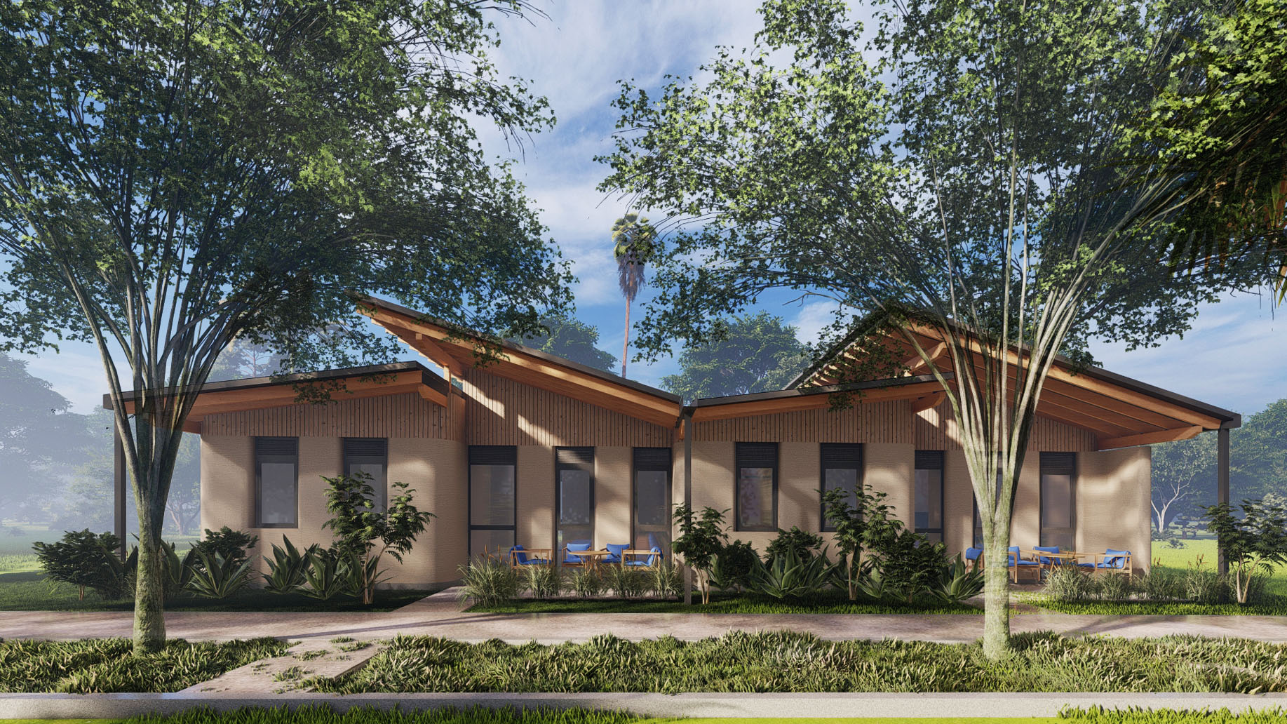 A render of one of the homes in the Mvule Gardens complex. Image via 14Trees.