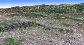 洛杉矶盆地由美国宇航局的ASTER地球观测仪器拍摄并绘制。图片来自美国宇航局喷气推进实验室。