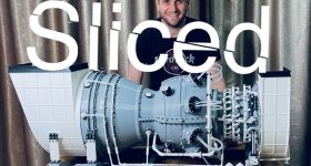 the Sliced logo on top of a photo of Engineer Ivan Korzhan and his 3D printed gas turbine engine model. Photo via Ivan Korzhan.