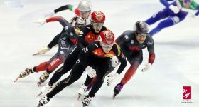 中国短队速滑球队夺取了金牌。通过中国CGTN州新闻服务的照片。