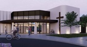 即将到来的加利福尼亚湖社区教堂设计的渲染。图片通过Don Ajamian结构。