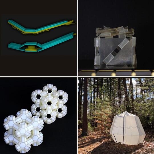 Examples of origami-inspired multifunctional structures include a 3D printed soft robotic system (top right) and transformable materials (bottom left). Image via Harvard Unversity.