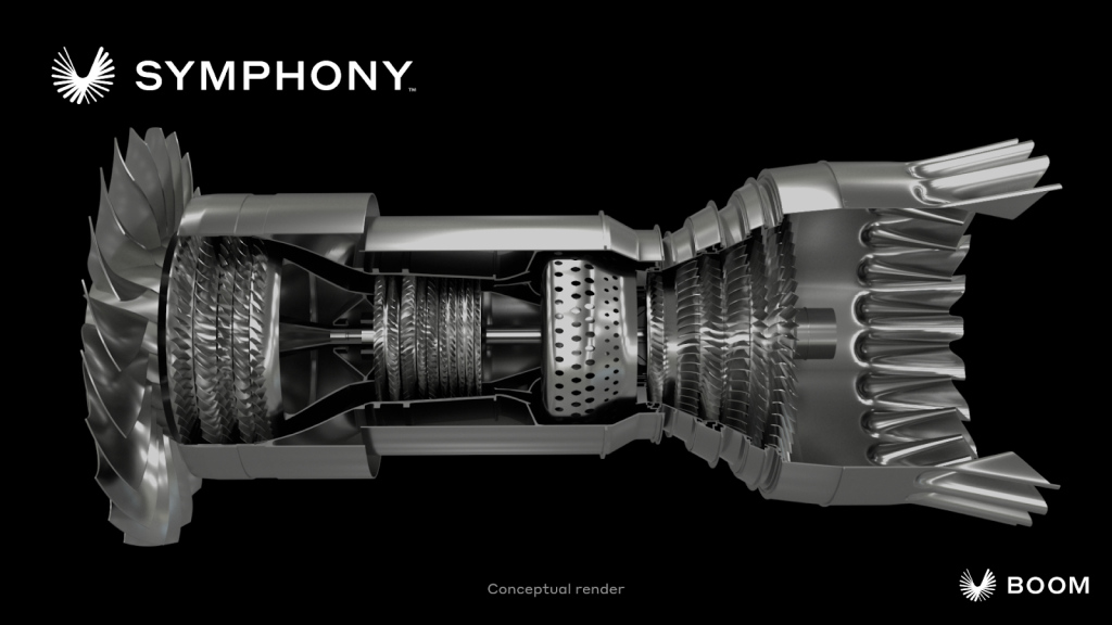 Boom Supersonic的交响引擎的概念渲染。通过繁荣的超音速图像。